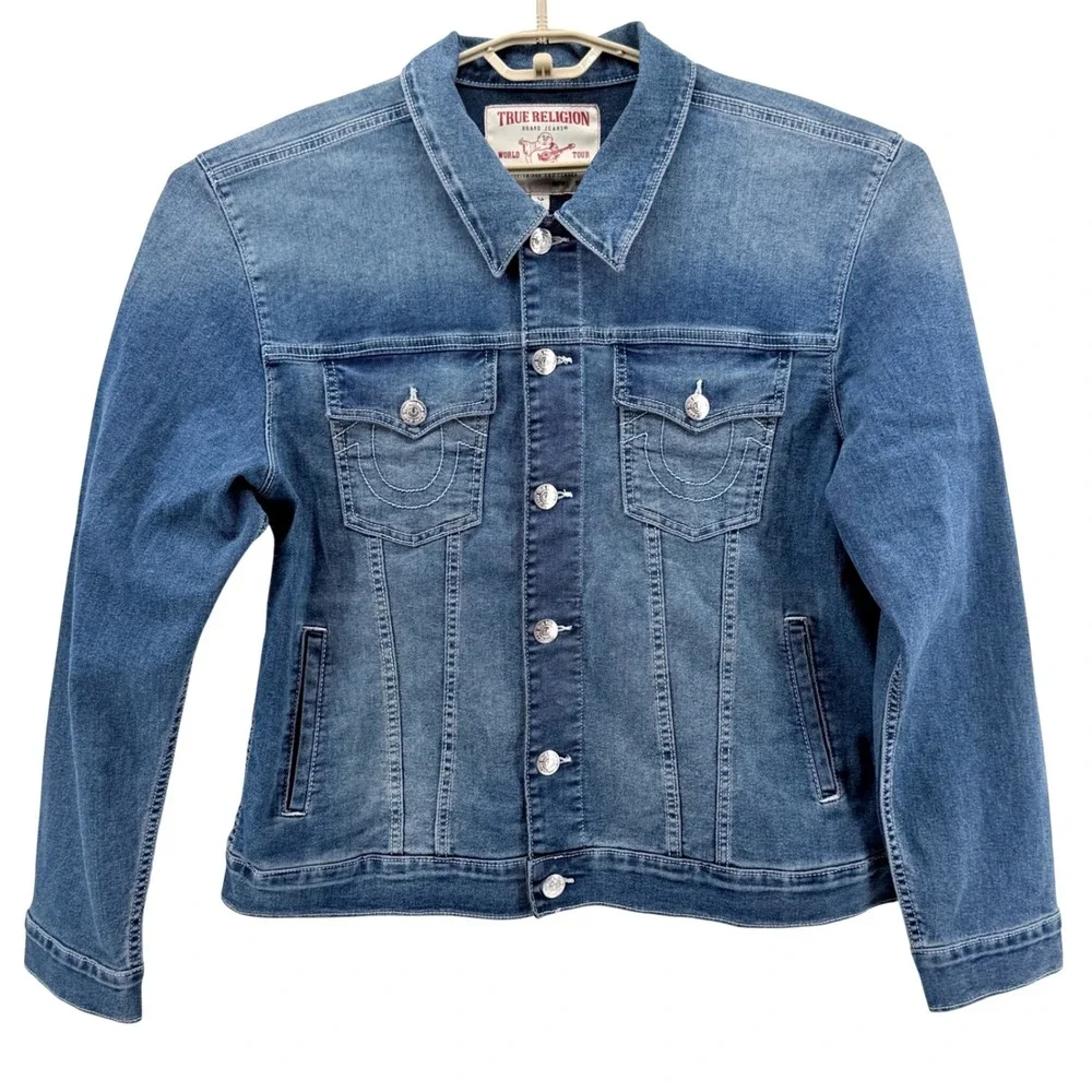 True Religion Denim Trucker Jacket Mens L Blue Excellent Stretch Horseshoe‎ Logo